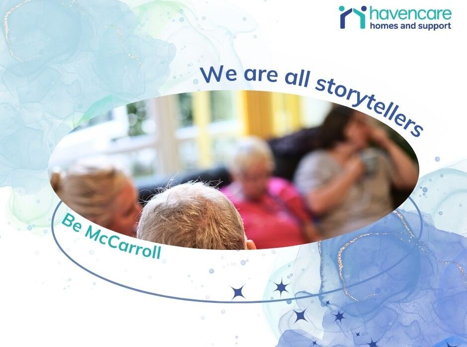 Illustration of people talking on a sofa, with text that says 'We are all storytellers' and 'Be McCarroll'.