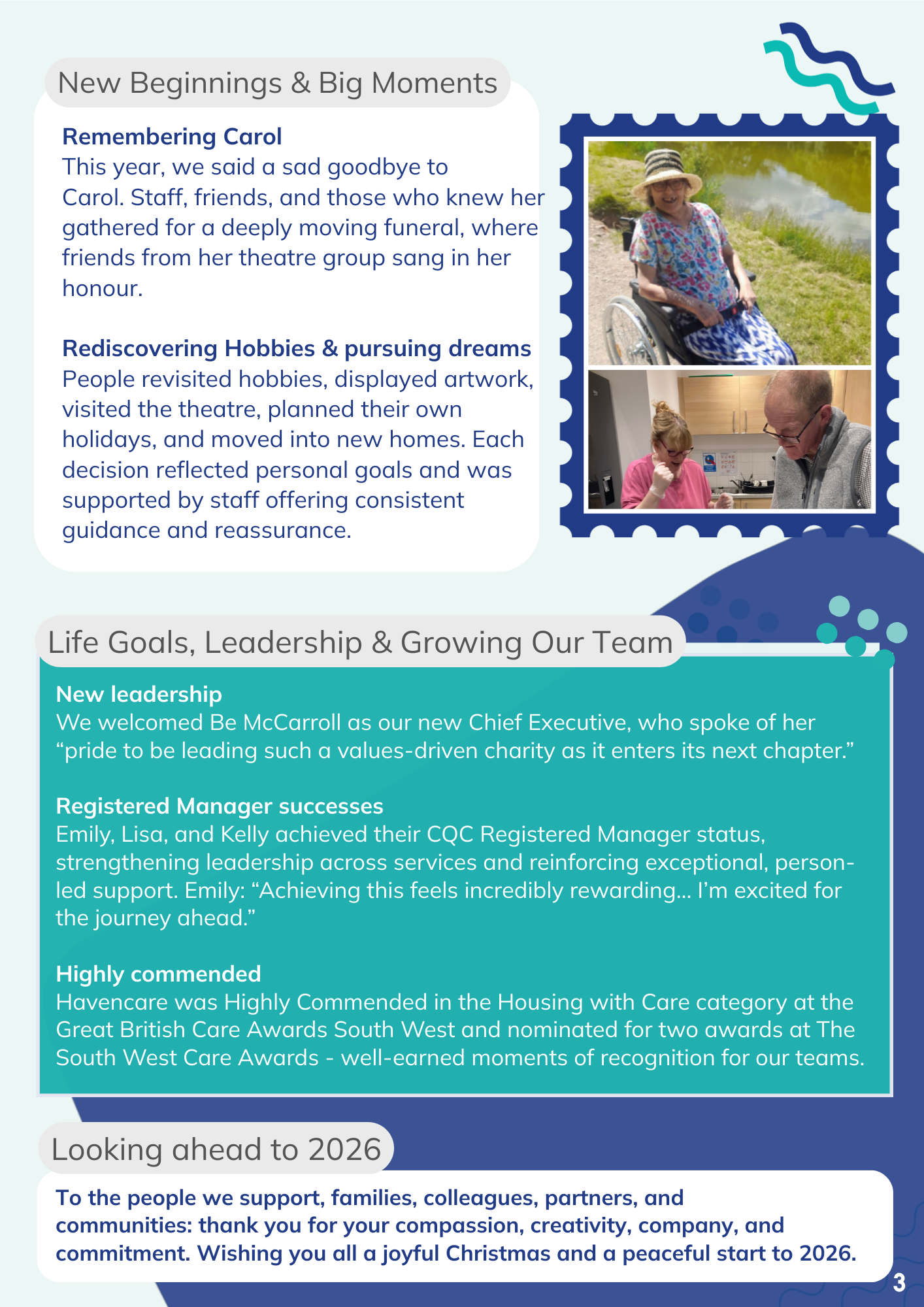 Page 3 of the Havencare Unwrapped 2025 graphic highlighting new beginnings and big moments, life goals, leadership and growing our team. 