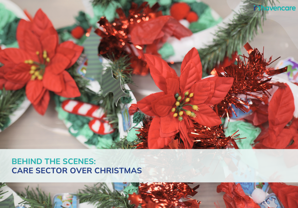 Festive handmade Christmas wreath with red poinsettias and tinsel, overlaid with the text “Behind the Scenes: Care Sector Over Christmas”.