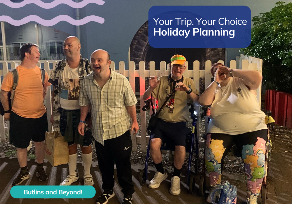 Five people laughing and enjoying an evening out at Butlins holiday resort.